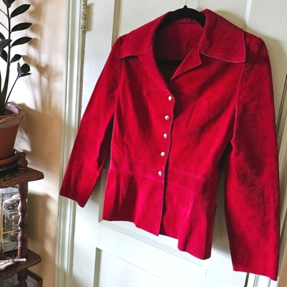 Vintage genuine suede leather red fitted Western cowgirl pinup retro jacket